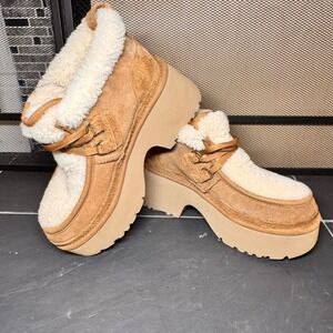 UGG Platform Classic New Heights Boots Womens Tan Suede Shearling Lined Size 9